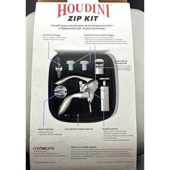 Houdini Zip Kit 8-Piece Wine Bottle Opener Set Open Box Never Used With Case - Picture 2 of 7